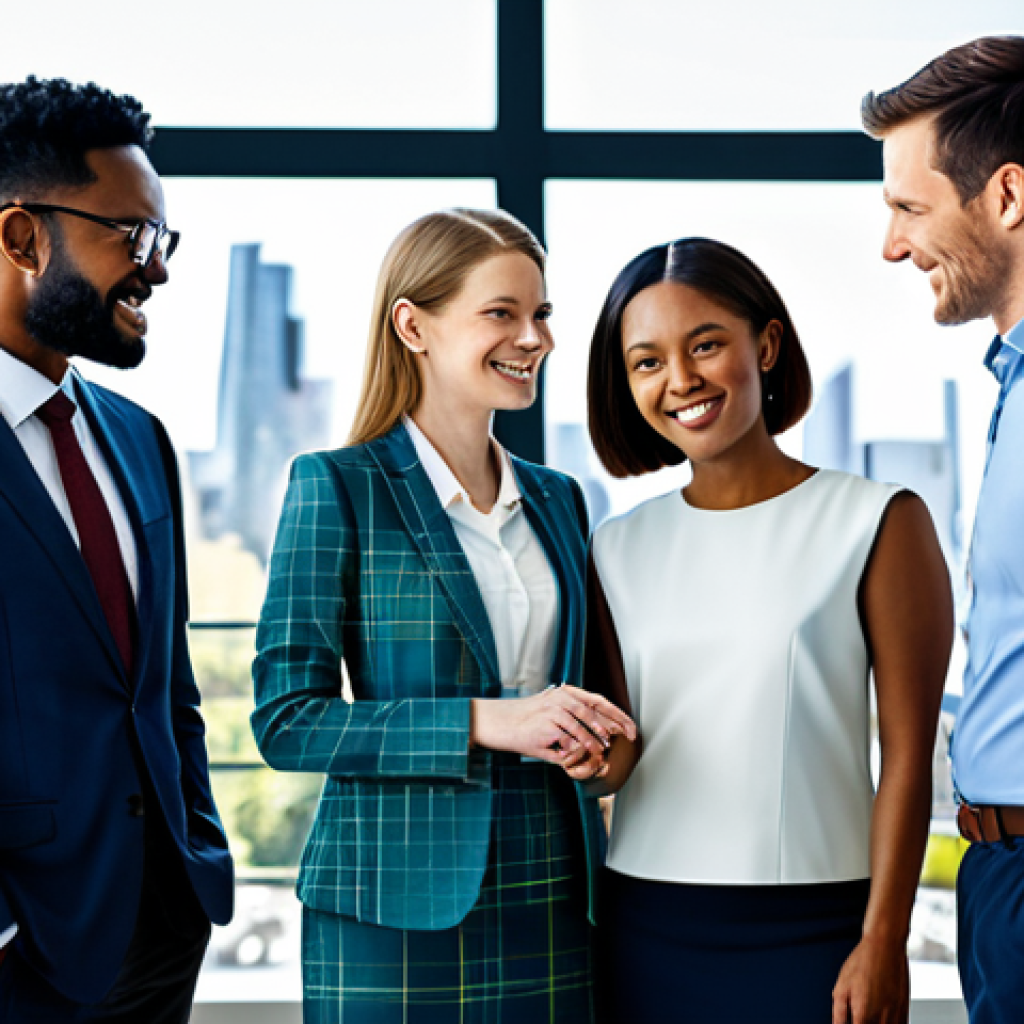 A diverse team of professionals, including individuals of various ethnicities, are collaborating in a modern, sunlit, high-tech collaborative workspace. They are fully clothed in modest business attire and professional dress. Holographic global maps and intricate digital networks connect across the space, symbolizing positive global interconnectedness and shared prosperity. The background features a blurred, clean cityscape with contemporary architecture. The scene conveys a sense of unity and progress, appropriate content, safe for work, perfect anatomy, correct proportions, natural poses, well-formed hands, proper finger count, professional photography, high quality, family-friendly.