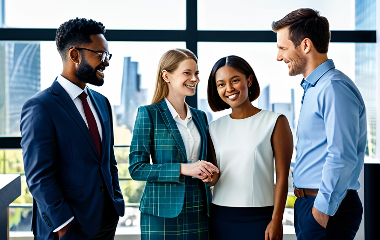 A diverse team of professionals, including individuals of various ethnicities, are collaborating in a modern, sunlit, high-tech collaborative workspace. They are fully clothed in modest business attire and professional dress. Holographic global maps and intricate digital networks connect across the space, symbolizing positive global interconnectedness and shared prosperity. The background features a blurred, clean cityscape with contemporary architecture. The scene conveys a sense of unity and progress, appropriate content, safe for work, perfect anatomy, correct proportions, natural poses, well-formed hands, proper finger count, professional photography, high quality, family-friendly.