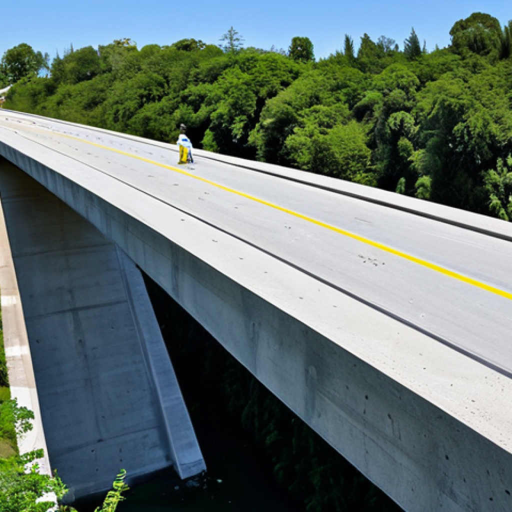 Self-Healing Concrete Bridge**

"A modern concrete bridge with visible cracks being repaired by tiny, glowing bacterial capsules. The bridge is surrounded by a lush, green environment with a clear blue sky. Fully clothed engineers are inspecting the bridge from a safe distance. Appropriate content, safe for work, professional architectural photography, perfect anatomy, natural proportions, modest design, high quality."

**