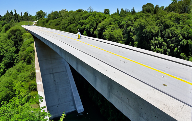 Self-Healing Concrete Bridge**

"A modern concrete bridge with visible cracks being repaired by tiny, glowing bacterial capsules. The bridge is surrounded by a lush, green environment with a clear blue sky. Fully clothed engineers are inspecting the bridge from a safe distance. Appropriate content, safe for work, professional architectural photography, perfect anatomy, natural proportions, modest design, high quality."

**