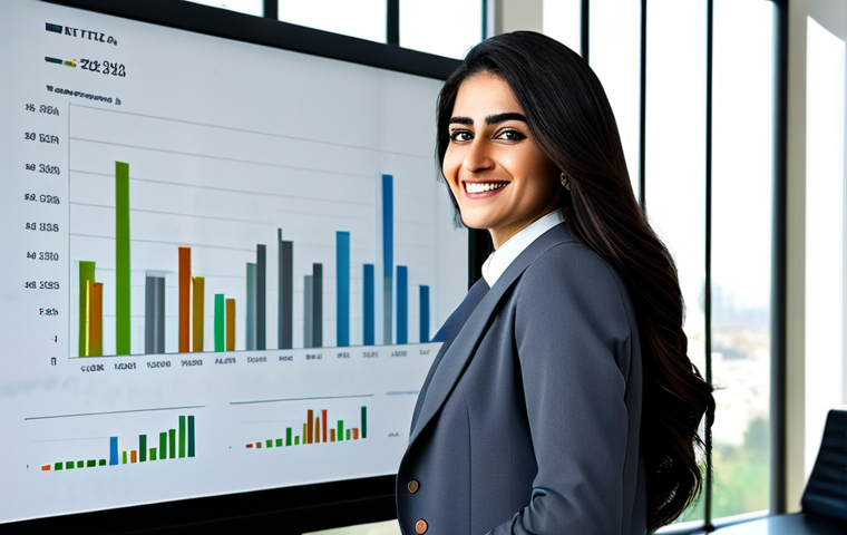 **

"A professional Arab businesswoman in a modern office setting, wearing a modest business suit, smiling confidently, looking at a financial chart on a large screen, fully clothed, appropriate attire, safe for work, perfect anatomy, natural proportions, professional photography, high quality, family-friendly, showcasing financial growth and success."

**