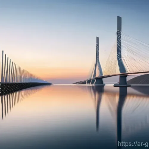 Home 25 글로벌브릿지와 글로벌 환경 문제 - A breathtaking, grand suspension bridge gracefully arches over a vast, tranquil sea at dawn. The bri...