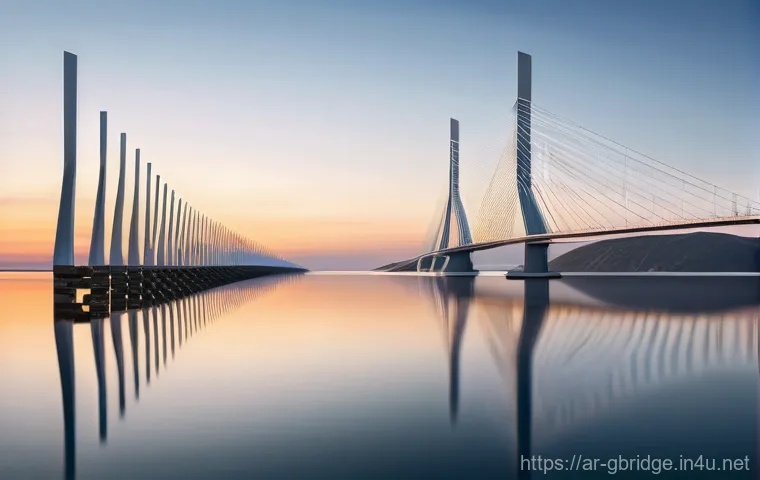 글로벌브릿지와 글로벌 환경 문제 - A breathtaking, grand suspension bridge gracefully arches over a vast, tranquil sea at dawn. The bri...