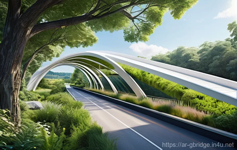 글로벌브릿지와 글로벌 환경 문제 - A breathtaking, grand suspension bridge gracefully arches over a vast, tranquil sea at dawn. The bri...